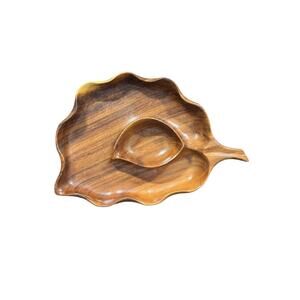 Vintage 1970s Hand Carved Hawaiian Leaf Shaped Chip & Dip Bowl